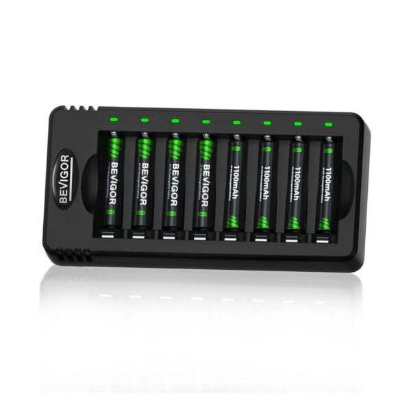 BEVIGOR AAA Rechargeable Batteries 8 Pcs 1100mAh with 8-slot AA AAA Battery Charger, 5V 2A Fast Charging Function