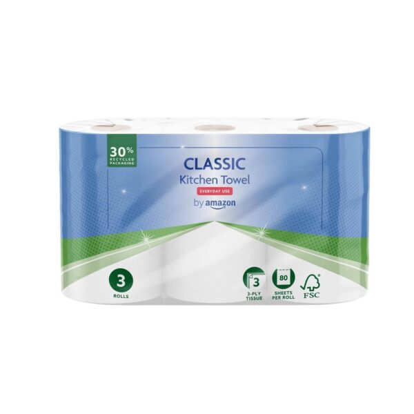 Classic Kitchen Roll, 3-ply, Strong and Absorbent, 3 Rolls (1 Pack of 3), 80 Sheets per Roll