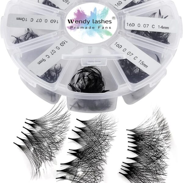 Pre Made Fan Eyelash Extensions 16D 0.07mm D Curl 500 Fans 9-16mm, (500-16D-0.07-D-916)