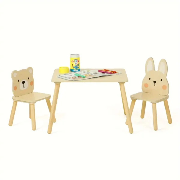 Kids Wood Table And Chair Set - Including 2 Animal Chairs - Waterproof Desktop