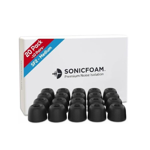 SONICFOAM (SF2 Medium Black) Replacement Memory Foam Earbud Tips for Earbuds with Speaker Diameter 4.4-5.7mm - 20 Pack / 10 Pairs