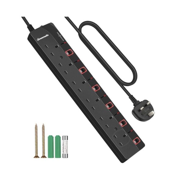 6 Way Surge Protected Extension Lead with Individual Switches and Indicator Lights, Extension Cable 3M