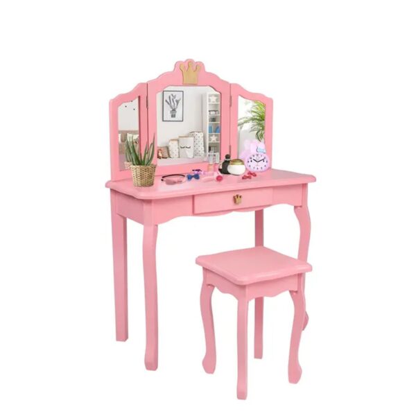 Kids Princess Vanity Table and Chair Set, Kids Vanity Set with Drawer & Tri-Folding Mirror