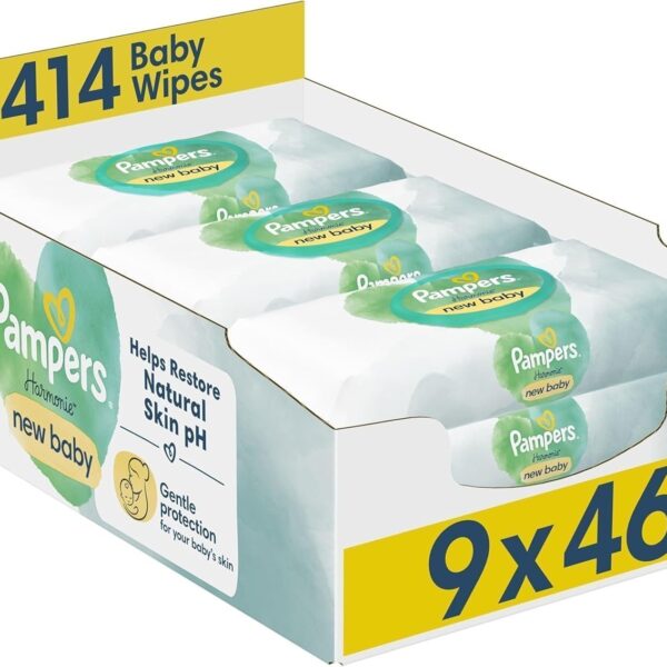 Pampers Harmonie New Baby Wipes 9 Packs of 46 Wipes = 414 Baby Wet Wipes, Help Restore Natural Skin pH