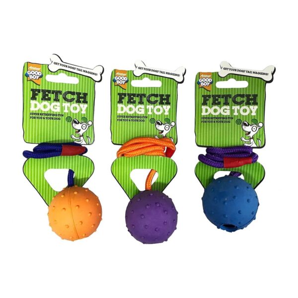 3 PACK GOODBOY FETCH DOG TOY BOUNCY PIMPLED RUBBER BALL ON ROPE THROW 08986